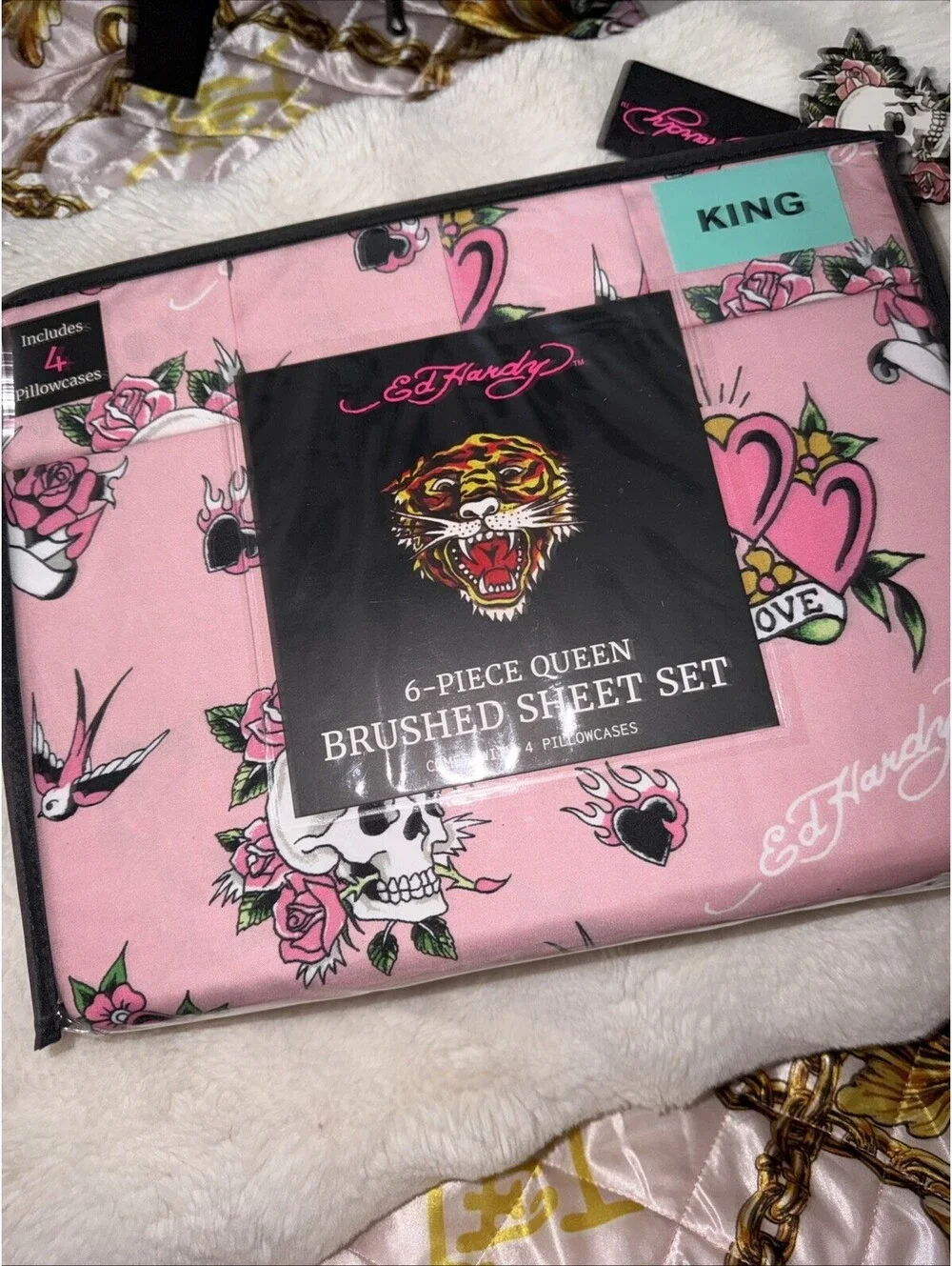 ED HARDY King Pink Sheet Set 6pc New Flowers Skull Roses Heart Grunge Y2K
